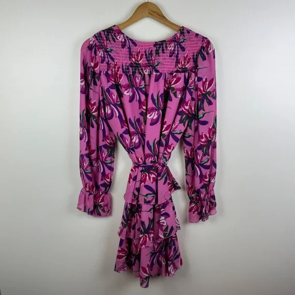 WAYF Tiered Ruffle Floral Mini Dress Size Medium Pink Long Sleeve Feminine Flowy - Picture 5 of 11